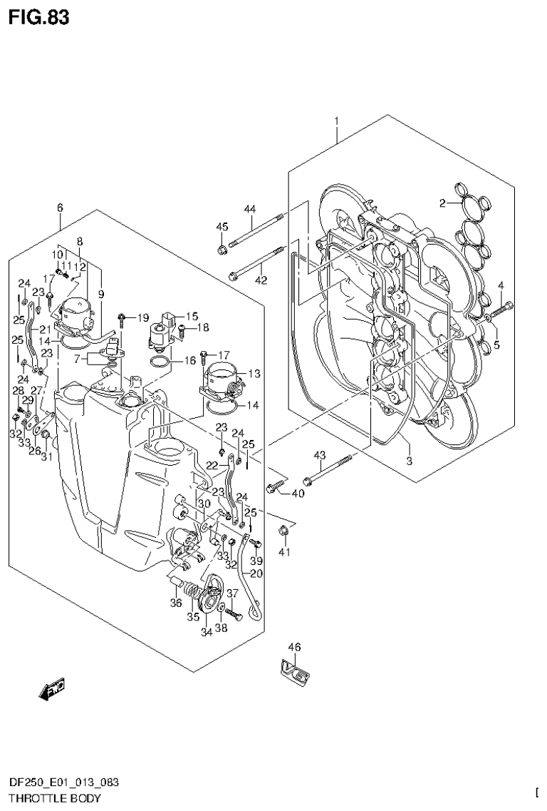 Suzuki DF200T, DF200Z, DF225T, DF225Z, DF250T, DF250Z THROTTLE BODY (DF200Z E40) parts diagram